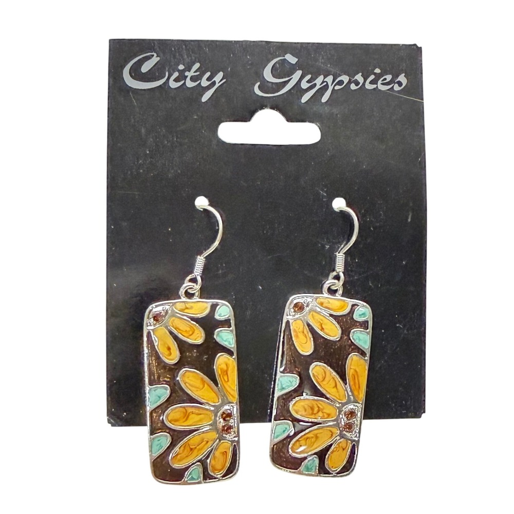 City Gypsies Enamel Floral Rectangle Drop Earrings Yellow Orange Teal Giftcraft